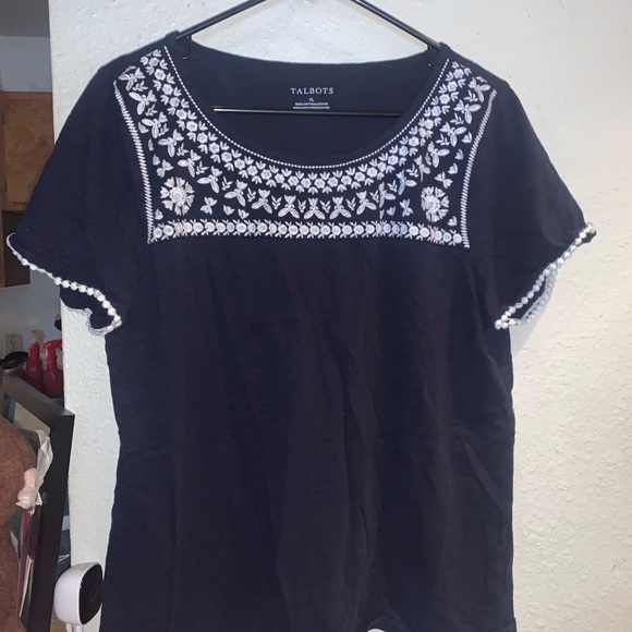 Talbots Navy Blue Blouse with White Embroidery - Picture 1 of 1